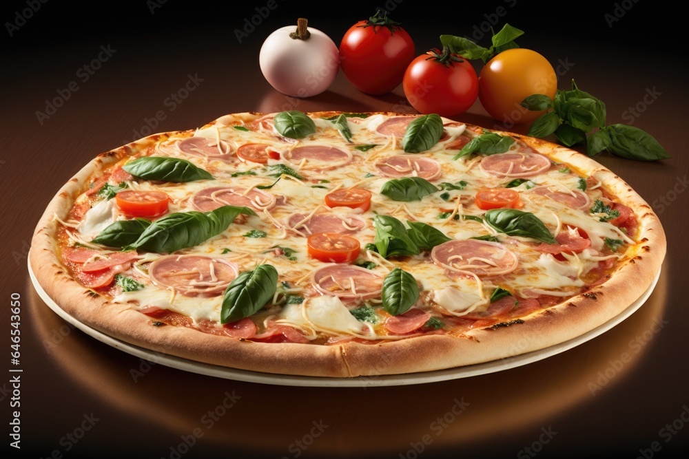 Pizza with ham, mozzarella and tomatoes on a dark background