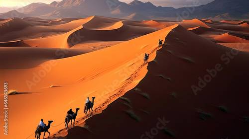 Horizontal illustration of camel caravan on sand dunes in the desert. Illustration for covers  backgrounds  wallpapers and other projects.