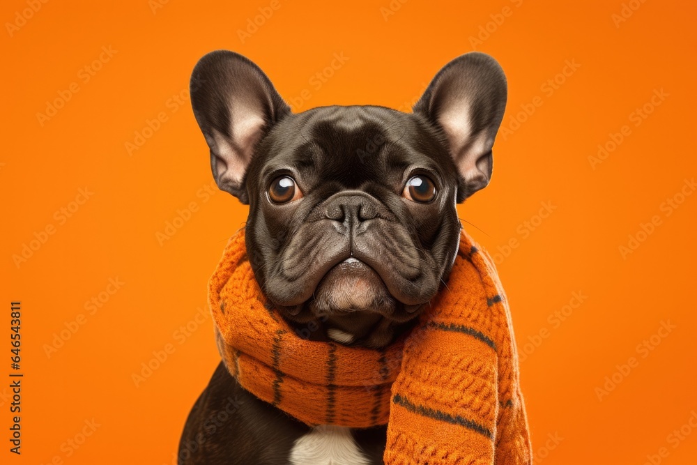 Cute French Bulldog Dressed in a Orange Scarf and Hat with Space for. Copy