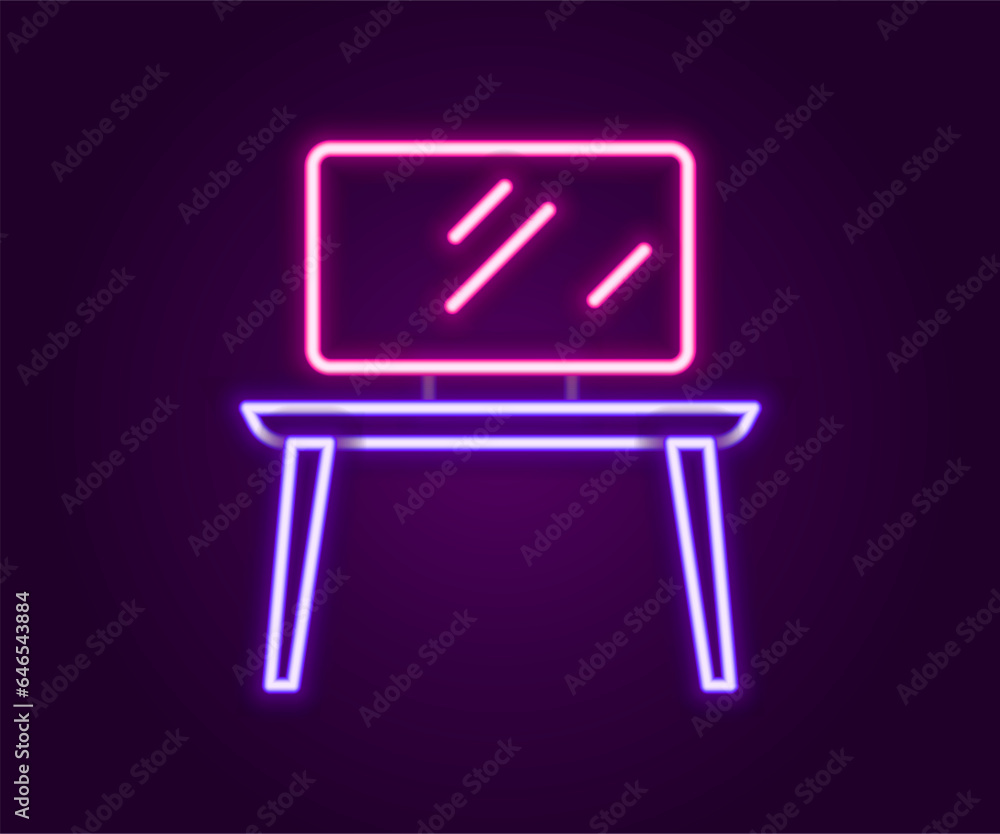 Glowing neon line TV table stand icon isolated on black background. Colorful outline concept. Vector