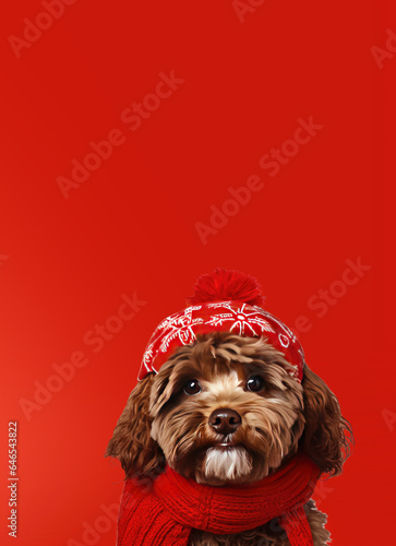 Cute Dog in a Red Hat and S...