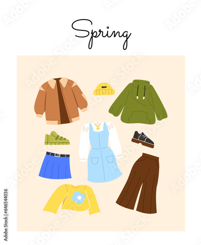 Children spring outfits set. Wear and apparel for sunny days. Blue dress, green hoodie and brown jacket with pants. Cartoon flat vector collection isolated on beige background