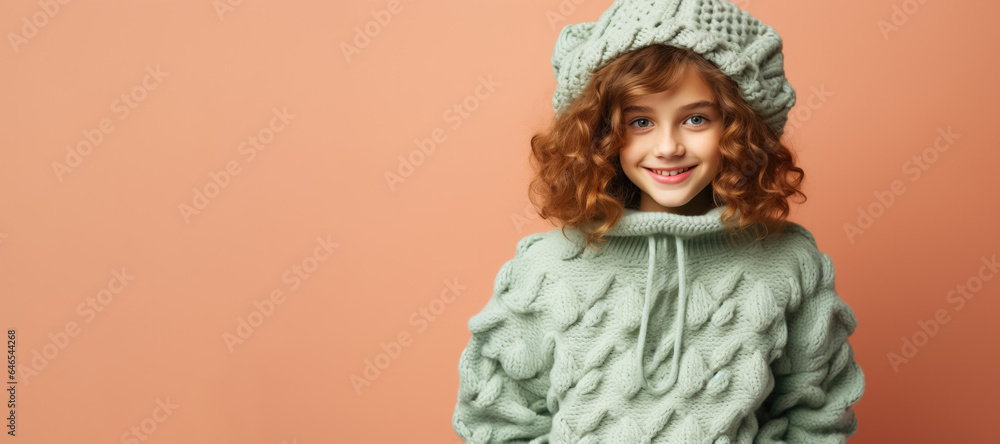 Girl in full knitted cozy costume isolated on pastel background with a place for text Girl in full knitted cozy costume isolated on pastel background with a place for text