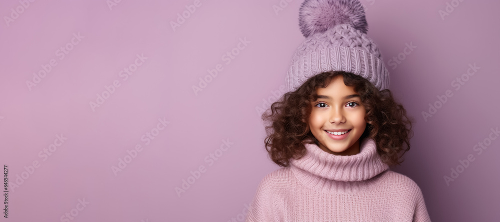 Girl in full knitted cozy costume isolated on vivid background with a place for text Girl in full knitted cozy costume isolated on vivid background with a place for text