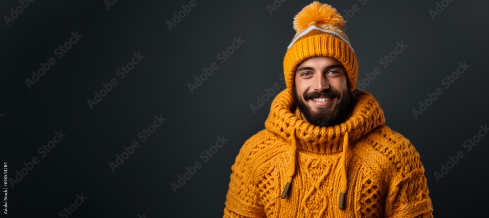 Man in full knitted cozy costume isolated on vivid background with a place for text 