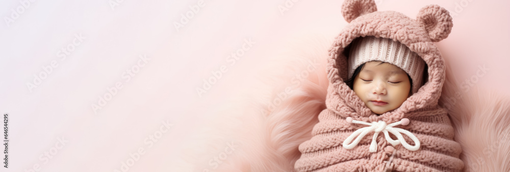 Newborn in full knitted cozy costume isolated on pastel background with a place for text 