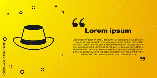 Black Oktoberfest hat icon isolated on yellow background. Hunter hat with feather. German hat. Vector