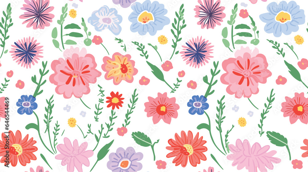 Hand drawn flower doodle seamless pattern illustration. Vintage cartoon drawing style floral background design. Spring nature backdrop texture print with garden flowers.