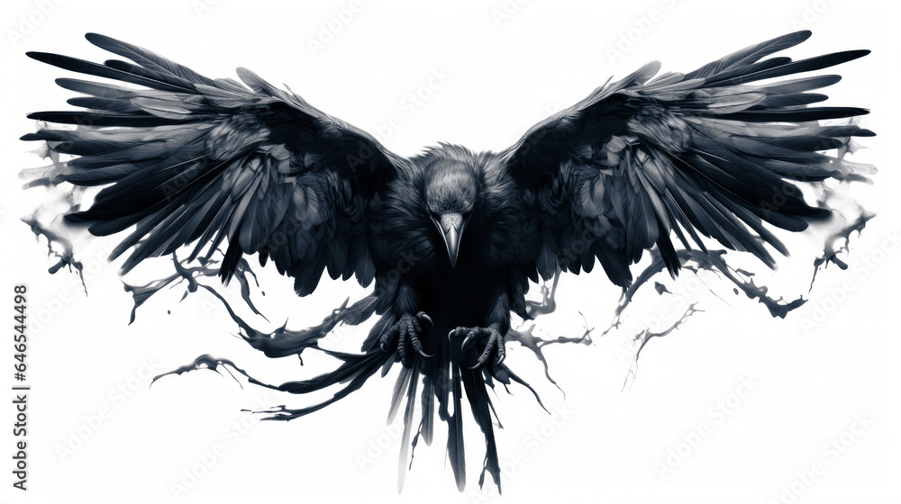 Fototapeta premium Scary black crow flying in the air with wings spread