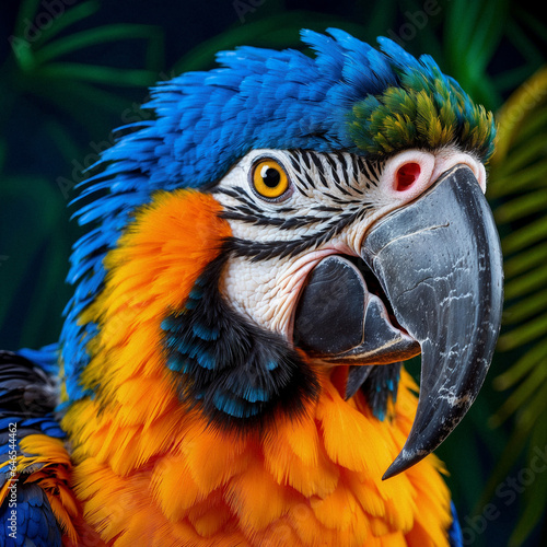 Studio photo portrait of a vibrant parrot with multicolored feathers.