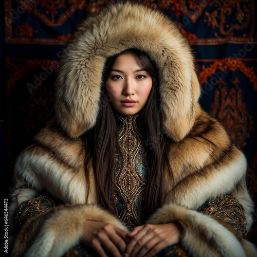 Mongolian queen. Captured in a royal yurt, adorned with intricate tapestries and furs.