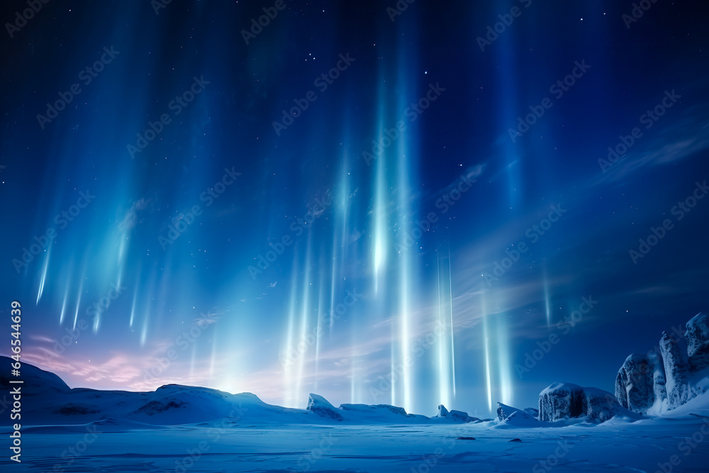 A captivating night sky displays magnificent light pillars over a winterland landscape background with empty space for text 