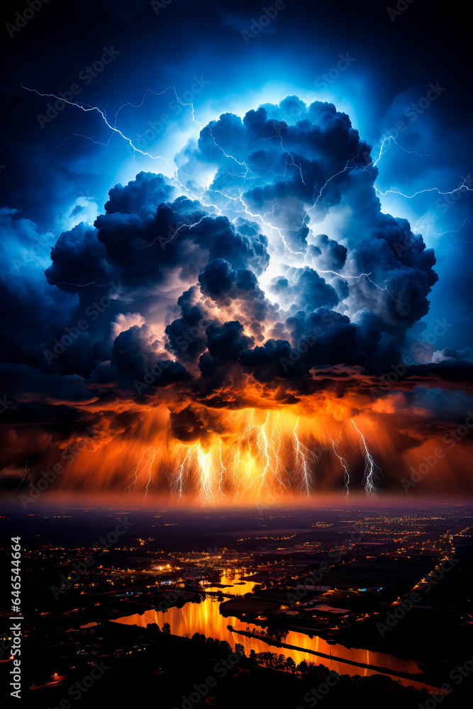 A captivating photo of a fiery thunderstorm showcasing dramatic sprites and bolts of lightning with a spacious backdrop for text 