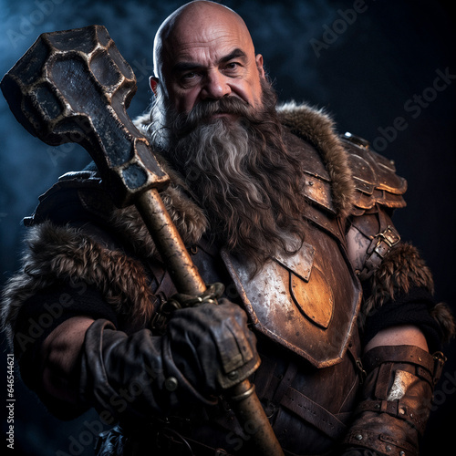 Studio portrait of a armoured dwarf with a hammer.