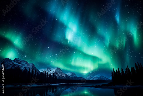 A breathtaking night sky illuminated by the dazzling hues of the Aurora Borealis a majestic background with empty space for text  © fotogurmespb