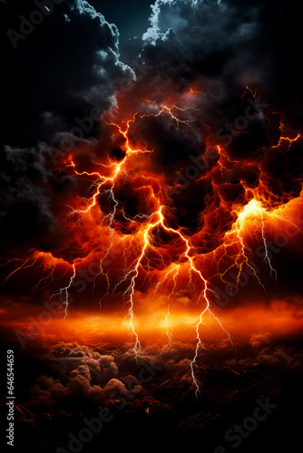 A captivating photo of a fiery thunderstorm showcasing dramatic sprites and bolts of lightning with a spacious backdrop for text 