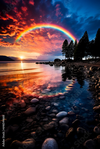 A magnificent moonbow arcs over a serene coastal landscape casting a colorful reflection on the glistening waters  photo