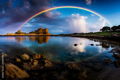 A magnificent moonbow arcs over a serene coastal landscape casting a colorful reflection on the glistening waters 