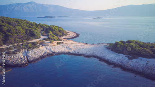 Aerial image of beautiful cape Raznjic on Korcula island most eastern point, Croatia during early morning hours