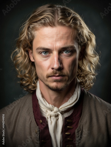 Medieval studio portrait of a blonde man with striking eyes.