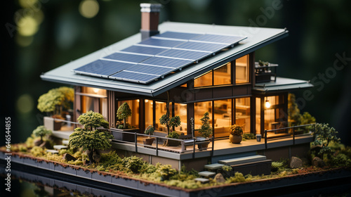 Super Miniatur Haus mit Energie Solarzellen am Dach mit erneuerbare Energie Querformat für Banner, ai, generativ