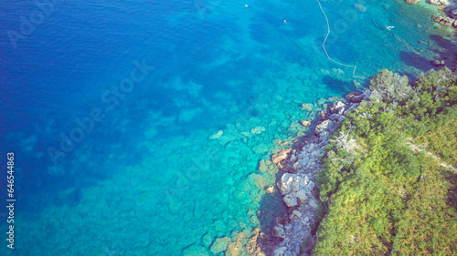 Aerial view of fallen off rocks on the Mokalo beach near the town of Orebic, Croatia