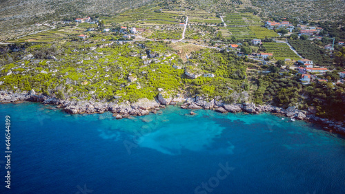 Beautiful  sloped vineyards of Peljesac peninsula  Croatia  at the town of Orebic  reaching the coastline  photographed with drone from above