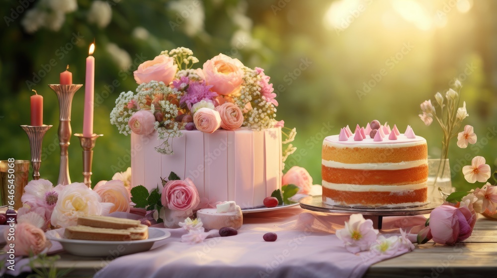 A table topped with a cake covered in flowers. Generative AI.