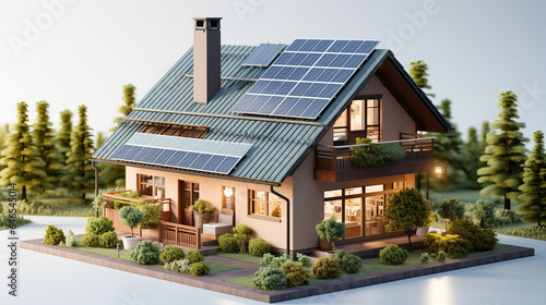 Super Miniatur Haus mit Energie Solarzellen am Dach mit erneuerbare Energie Querformat für Banner, ai, generativ © www.freund-foto.de