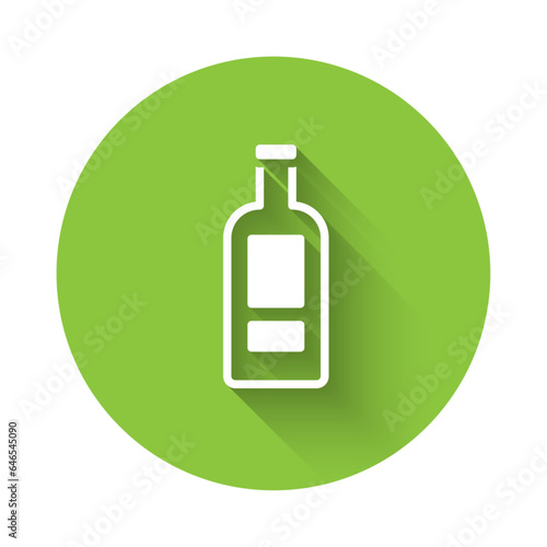 White Glass bottle of vodka icon isolated with long shadow background. Green circle button. Vector