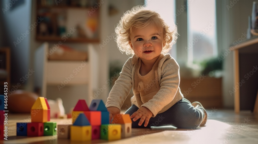 A toddler playing with blocks on the floor. Generative AI.