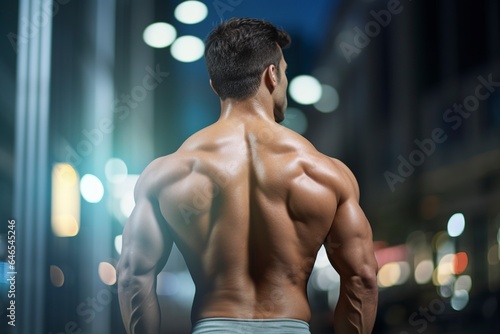 Muscular man, on his back, showing his trapezius and lat muscles.