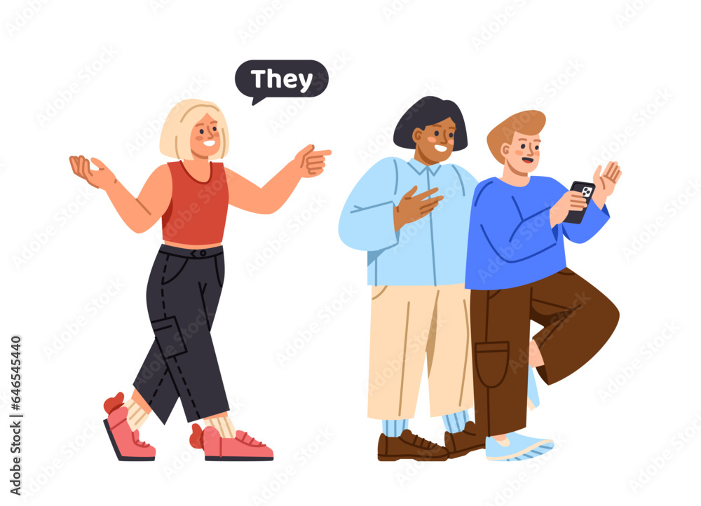 Kids with gender pronouns concept. Young girl in red tshirt with friends. Education, learning and training. Poster or banner. Cartoon flat vector illustration isolated on white background Kids with gender pronouns concept. Young girl in red tshirt with friends. Education, learning and training. Poster or banner. Cartoon flat vector illustration isolated on white background