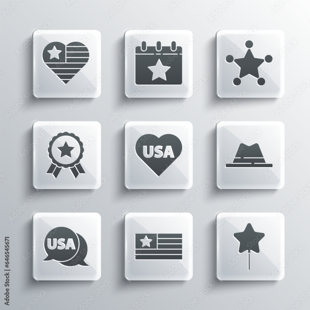 Set American flag, Balloon, Man hat with ribbon, USA Independence day, label, Medal star, and Hexagram sheriff icon. Vector Set American flag, Balloon, Man hat with ribbon, USA Independence day, label, Medal star, and Hexagram sheriff icon. Vector