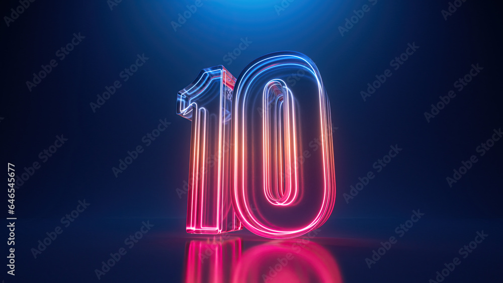 3d render, digital neon number ten. Glass symbol with glowing linear frame, laser line - obrazy, fototapety, plakaty 
