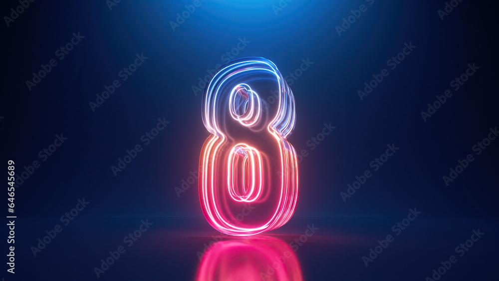 Fototapeta premium 3d render, digital neon number eight. Glass symbol with glowing linear frame, laser line