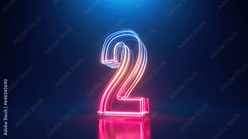 3d render, digital neon number two. The second place. Glass symbol with glowing linear frame, laser line - obrazy, fototapety, plakaty 