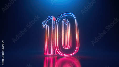 3d render, digital neon number ten. Glass symbol with glowing linear frame, laser line