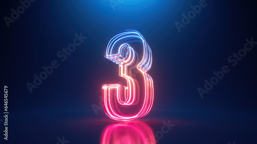 3d render, digital neon number three. The third place. Glass symbol with glowing linear frame, laser line photo