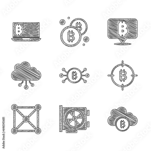 Set Bitcoin in circuit, Video graphic card, Cryptocurrency cloud mining, the target, Blockchain technology, and Mining bitcoin from laptop icon. Vector