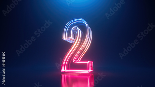 3d render, digital neon number two. The second place. Glass symbol with glowing linear frame, laser line photo