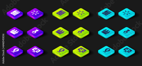 Set Location law, Scales of justice, Jurors, Fountain pen nib, Hexagram sheriff and Evidence bag and bullet icon. Vector