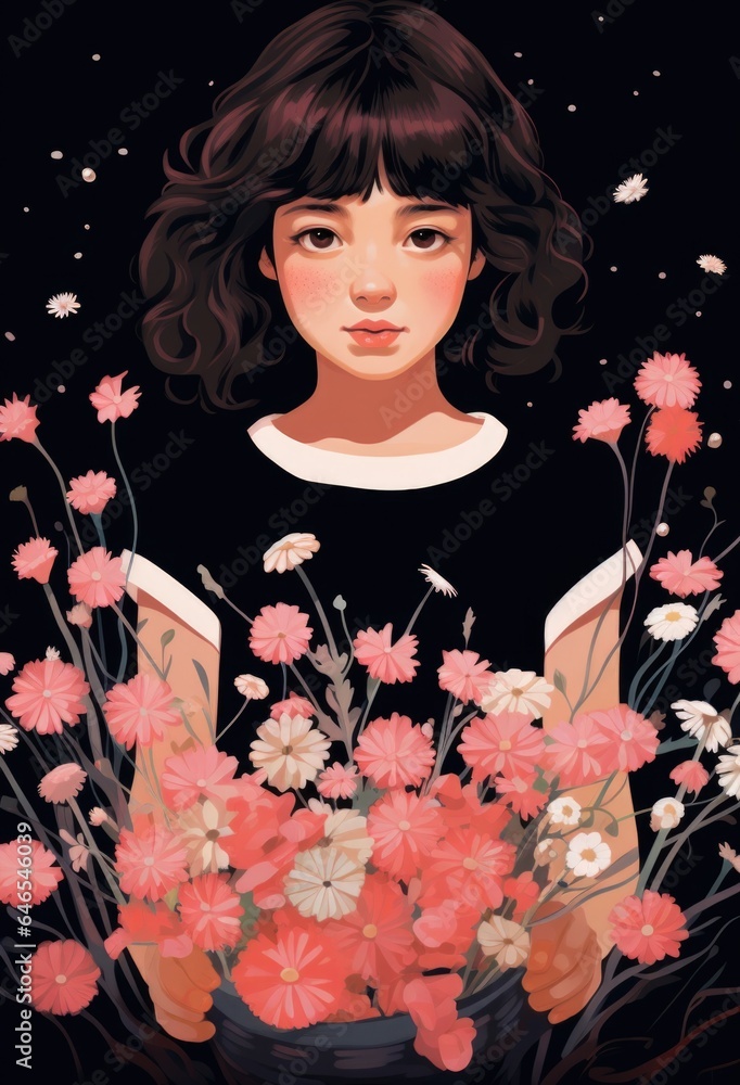 Fototapeta premium A girl holding a bunch of flowers in her hands