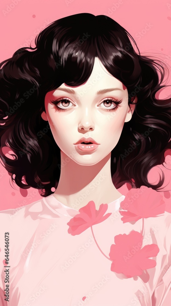 A woman with black hair and a pink background A woman with black hair and a pink background
