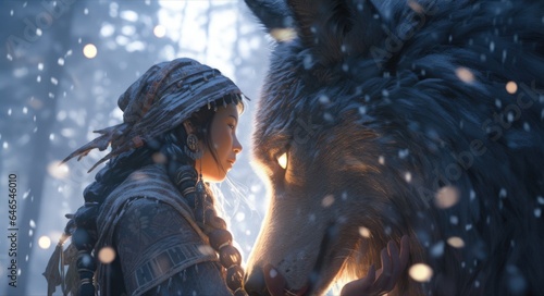 A woman standing next to a wolf in the snow