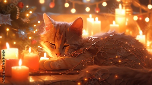 A cat laying on a table next to a christmas tree