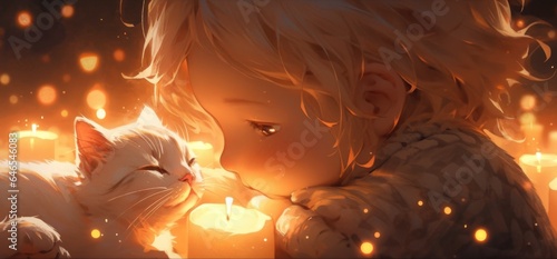A little girl holding a white cat in her arms