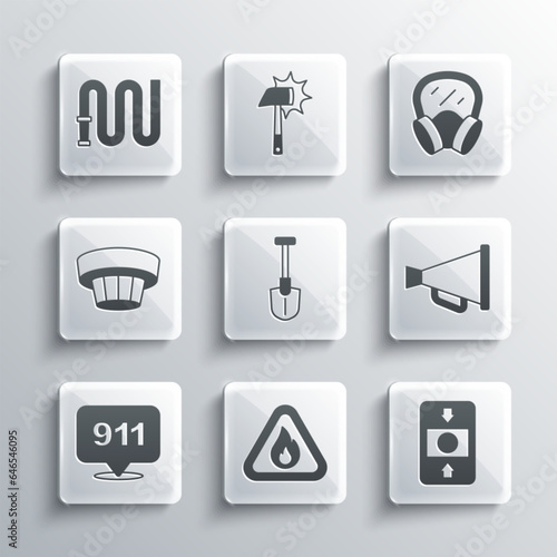 Set Fire flame in triangle, alarm system, Megaphone, shovel, Emergency call 911, Smoke, hose reel and Gas mask icon. Vector