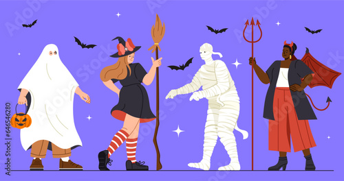 People in Halloween costumes set. Men and women in witch, ghost, zombie and devil suits. International holiday of fear and horror. Cartoon flat vector collection isolated on violet background