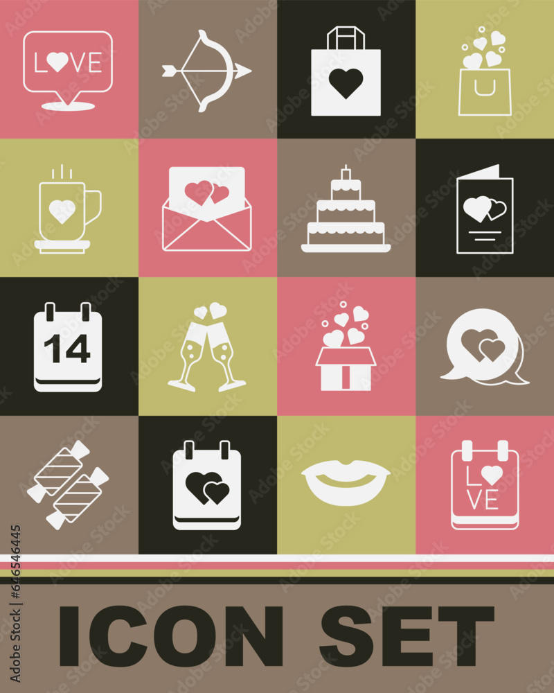 Set Calendar with February 14, Heart in speech bubble, Valentines day flyer, Shopping bag heart, Envelope, Coffee cup and, Love text and Wedding cake icon. Vector Set Calendar with February 14, Heart in speech bubble, Valentines day flyer, Shopping bag heart, Envelope, Coffee cup and, Love text and Wedding cake icon. Vector